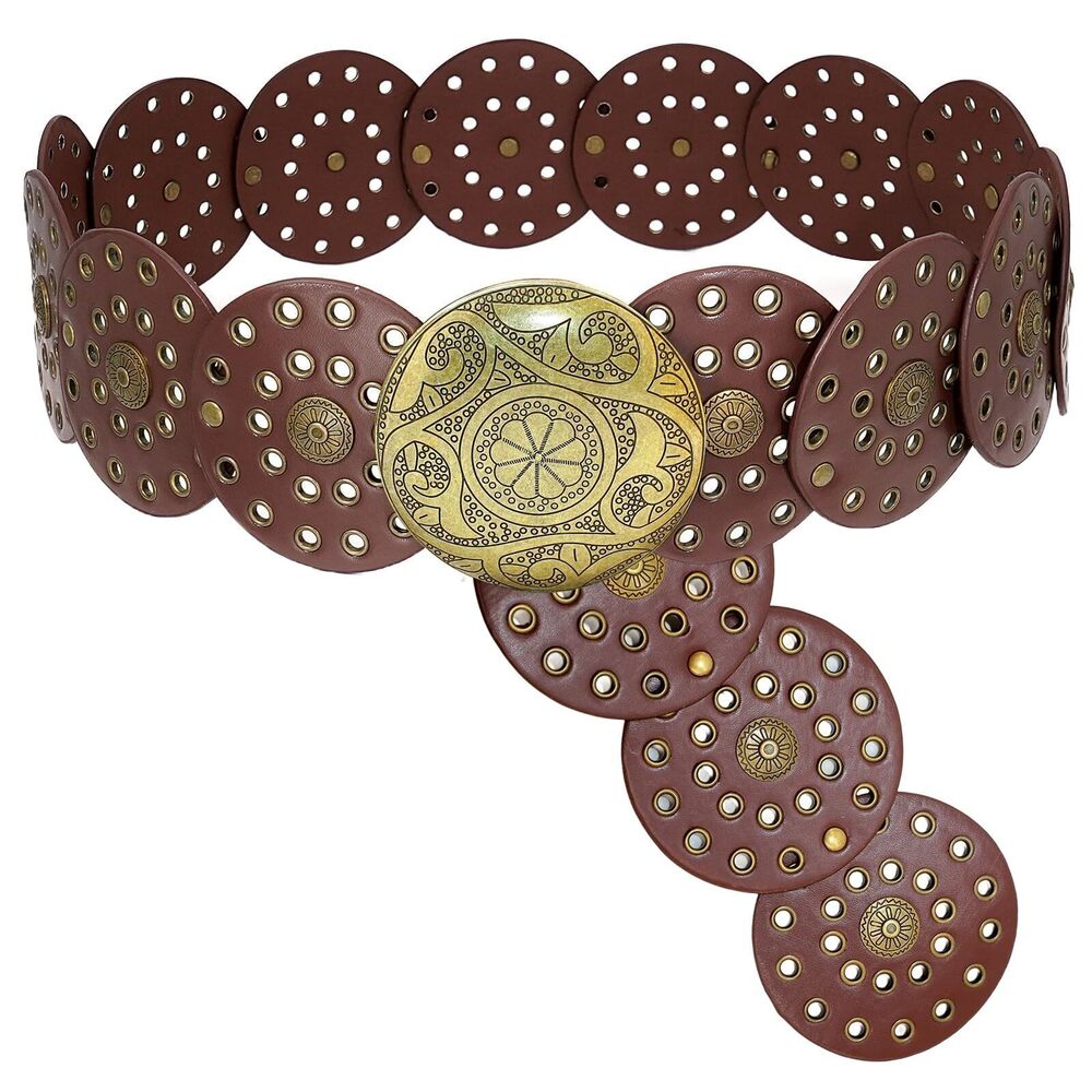 4610 Western Wide Disc Belts Brown Leather Hollow Out Round Chunky Belts